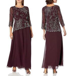 J KARA Floral Beaded Formal Evening Gown in Plum Wine Mercury - 22W